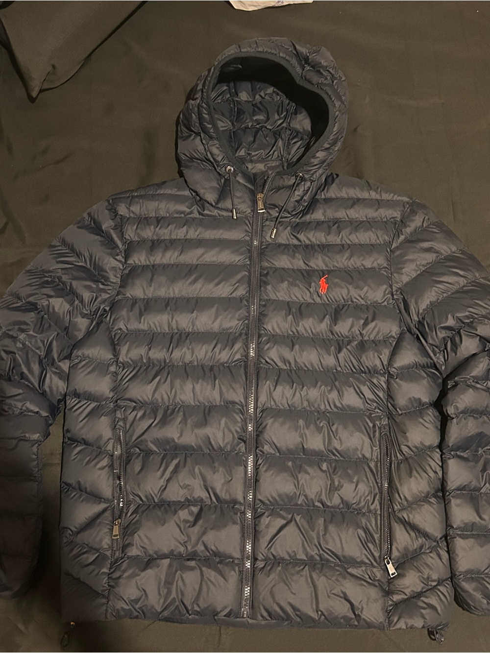 Ralph Lauren Navy Quilted Hooded Puffer with Red Polo Logo